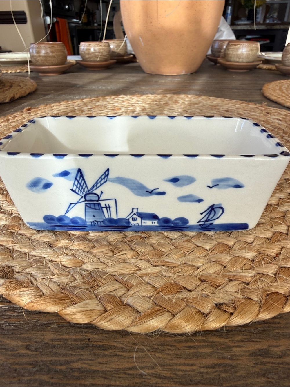 Delft Holland 1950s Vintage Hand-Painted Open Butter Dish 6” Blue White